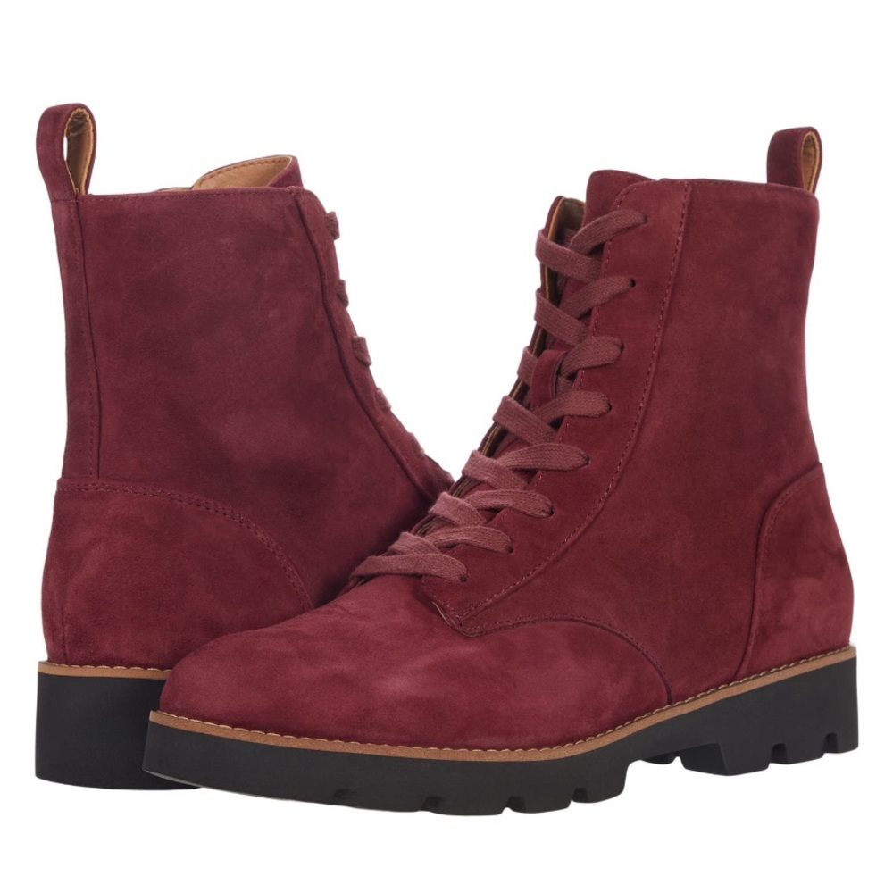 Vionic Lani Water Resistant Suede Lace-Up Combat Boots in Port Burgundy